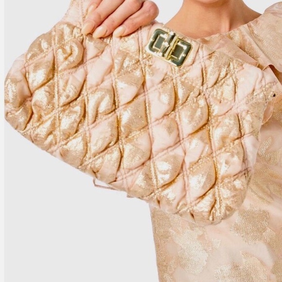 Lilly Pulitzer, New with Tag, Chancey Gold Quilted Clutch with optional strap - Picture 4 of 12